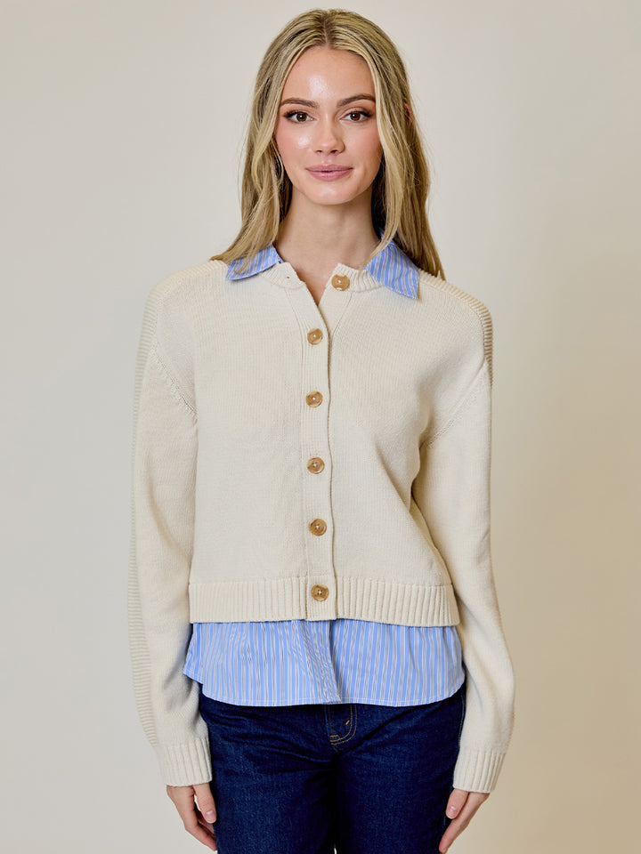Twofer Cardigan in Cream/Blue