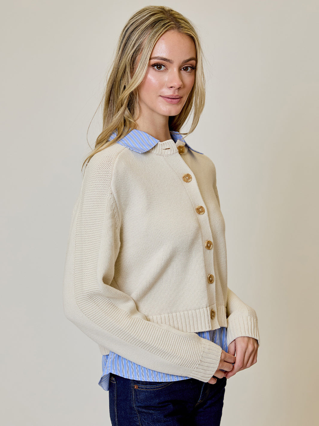 Twofer Cardigan in Cream/Blue