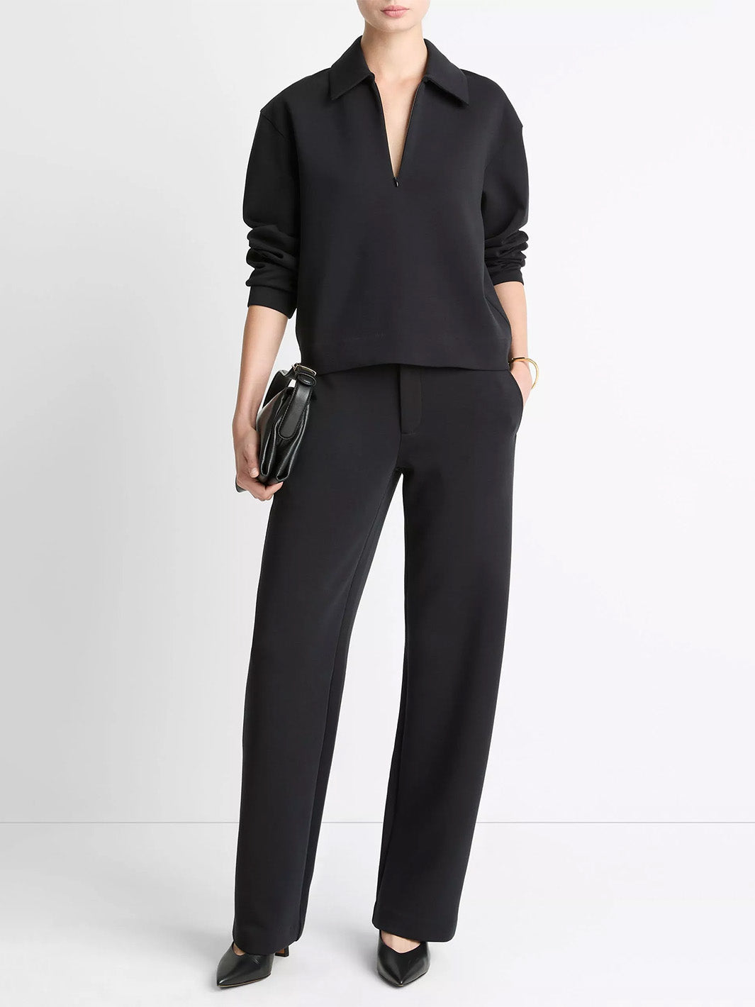 Cotton-Blend Half-Zip Pullover in Black