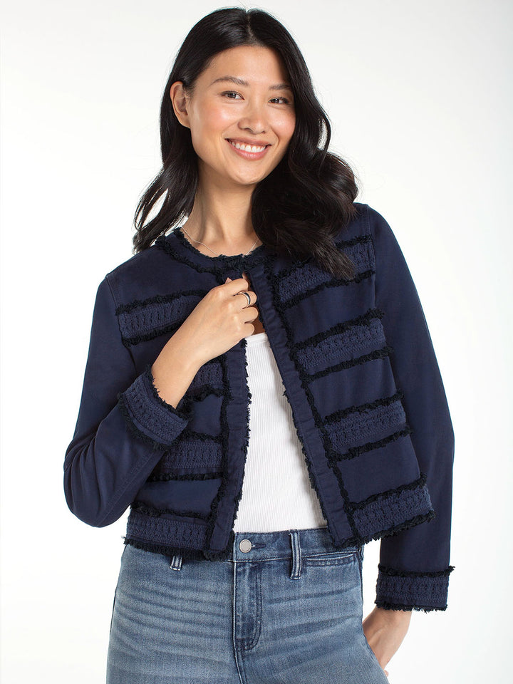 Collarless Jacket With Fray &amp; Lace in Deep Midnight