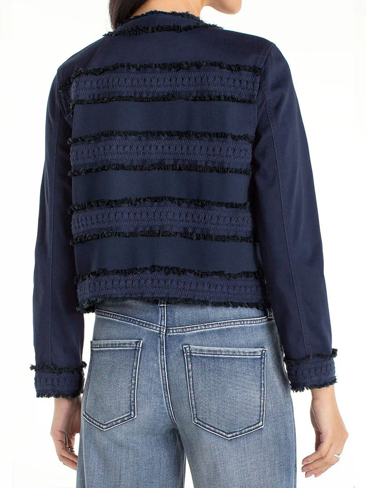 Collarless Jacket With Fray &amp; Lace in Deep Midnight