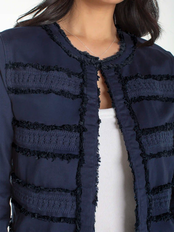 Collarless Jacket With Fray &amp; Lace in Deep Midnight