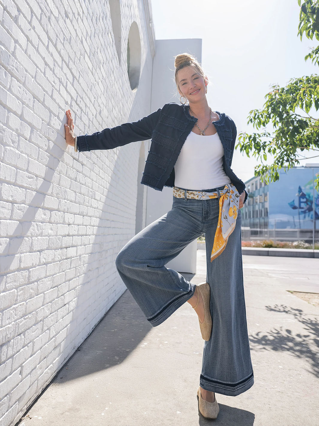 Collarless Jacket With Fray &amp; Lace in Deep Midnight