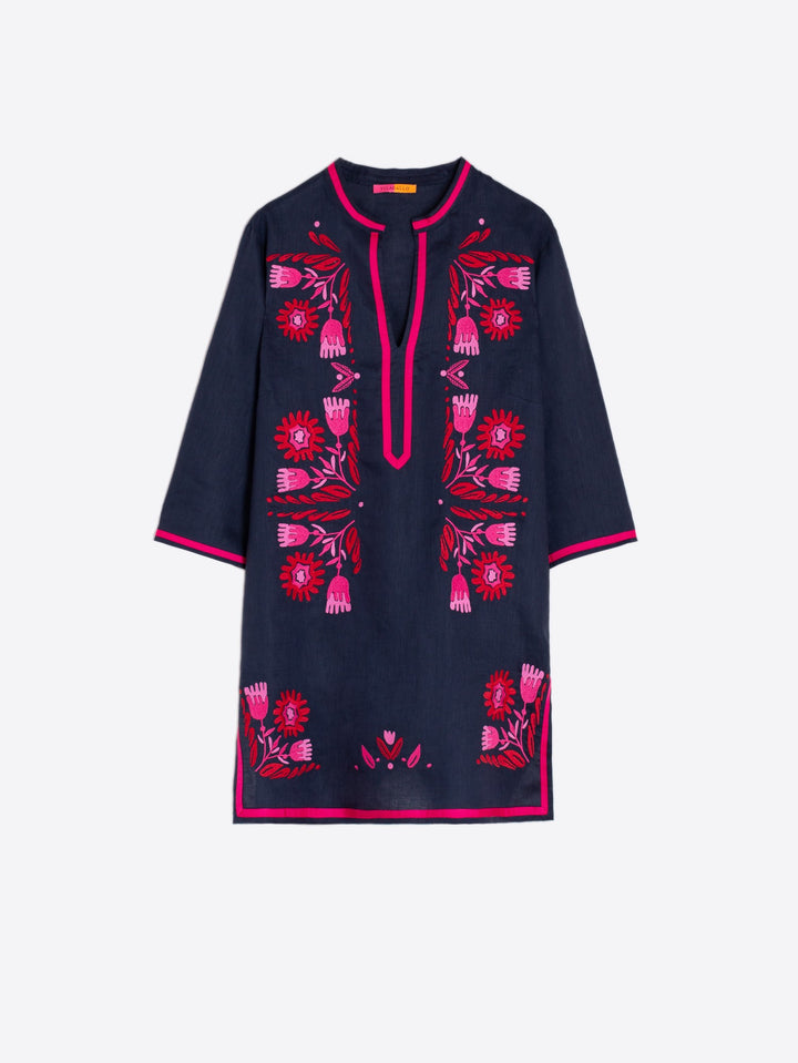Kaftan Diletta Embroidered Dress in Lino Azul Marino
