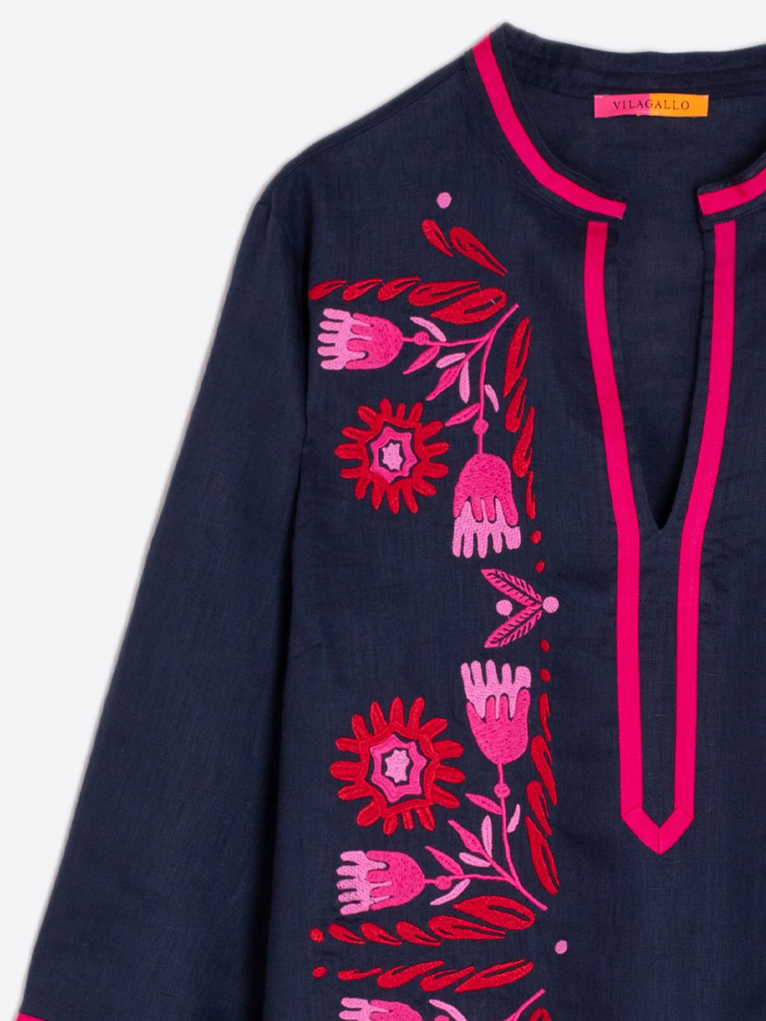 Kaftan Diletta Embroidered Dress in Lino Azul Marino