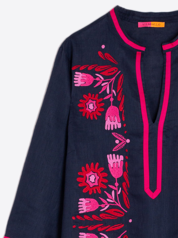 Kaftan Diletta Embroidered Dress in Lino Azul Marino