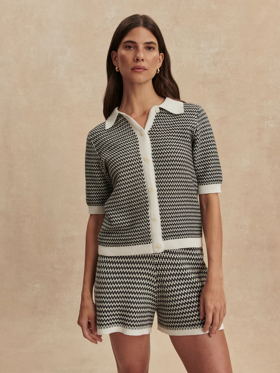 Gaelle Polo Knit Top in Snow White/ Black