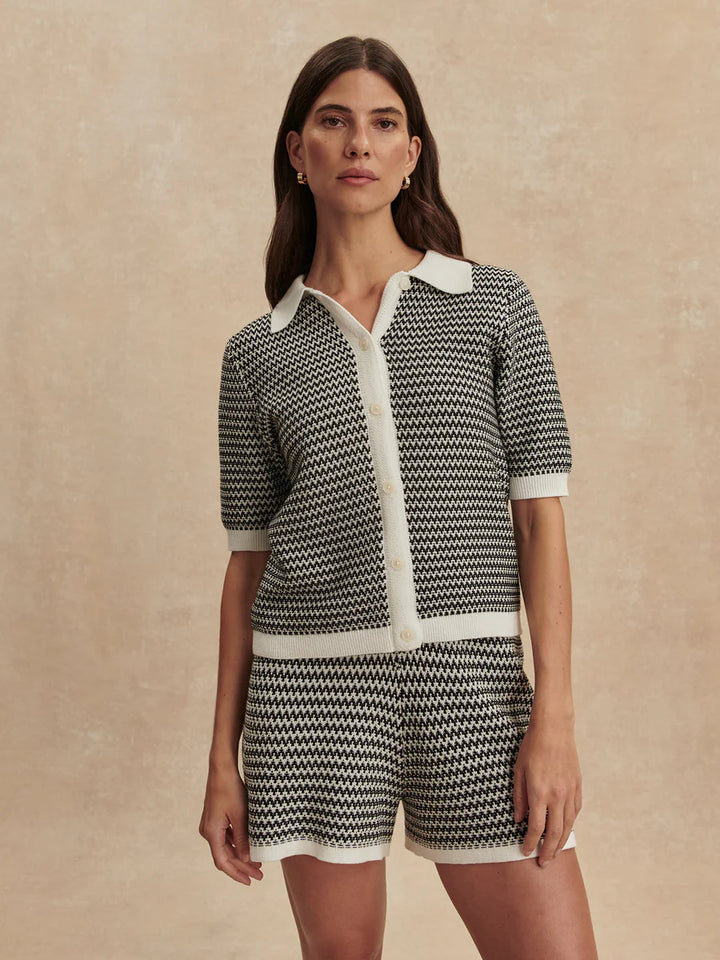 Gaelle Polo Knit Top in Snow White/ Black