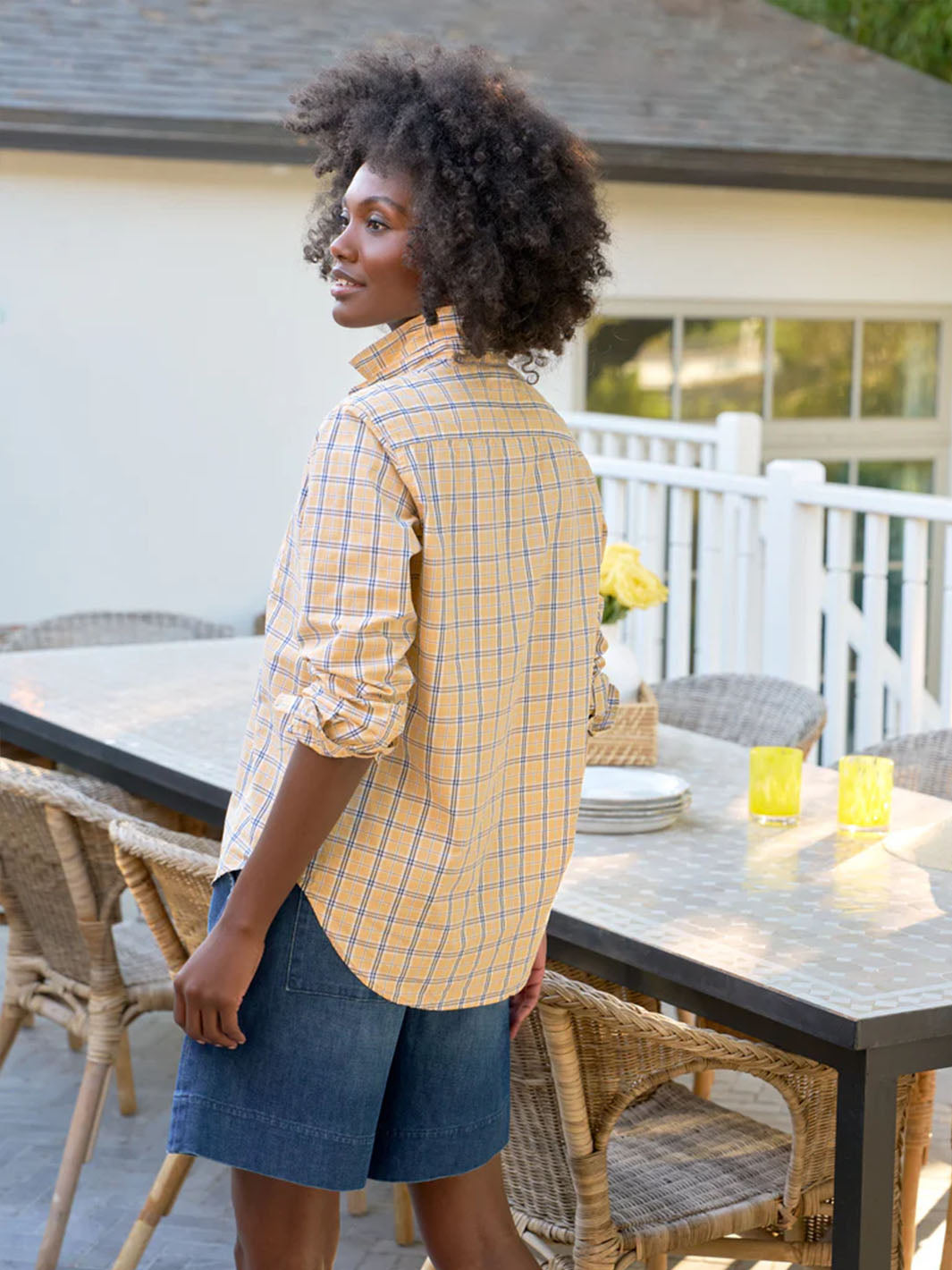 Eileen Relaxed Button-Up Shirt in Yellow with Blue Plaid