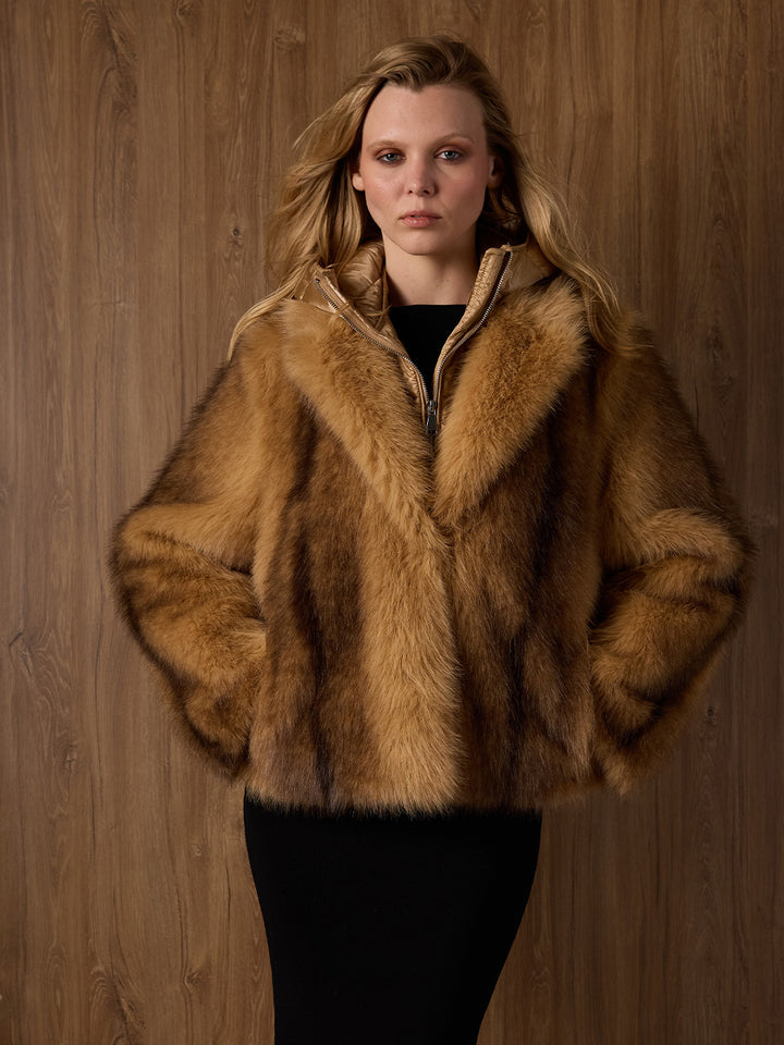 Hooded Faux Fur Jacket in Camel