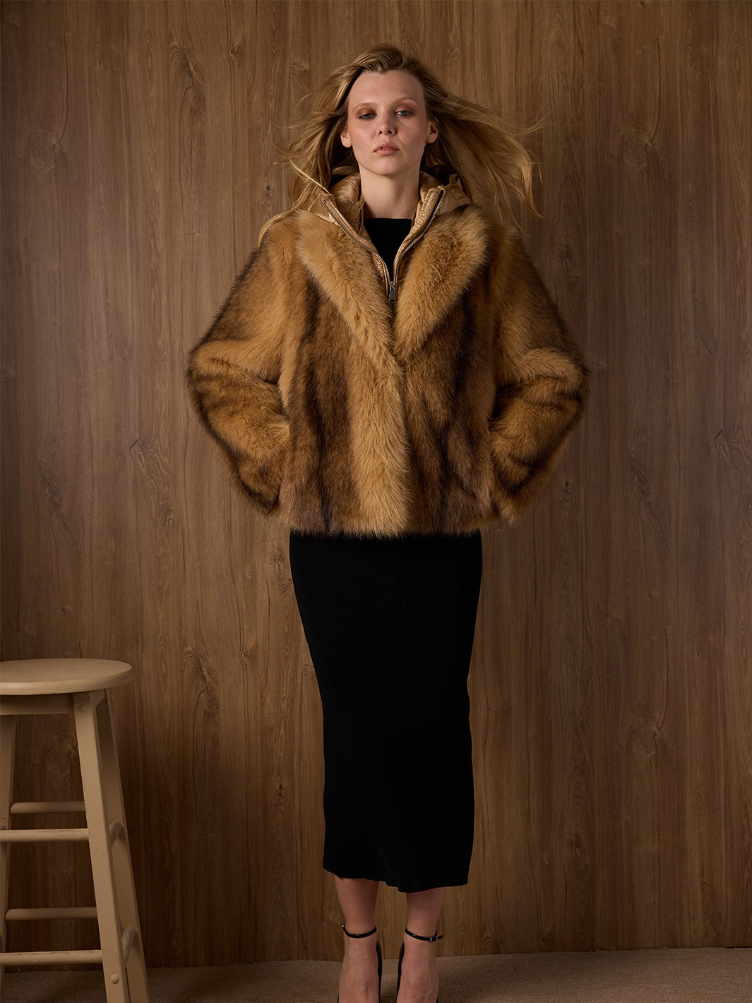 Hooded Faux Fur Jacket in Camel
