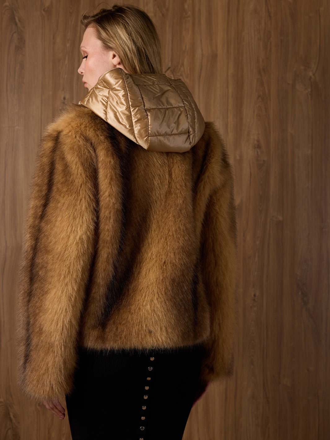 Hooded Faux Fur Jacket in Camel