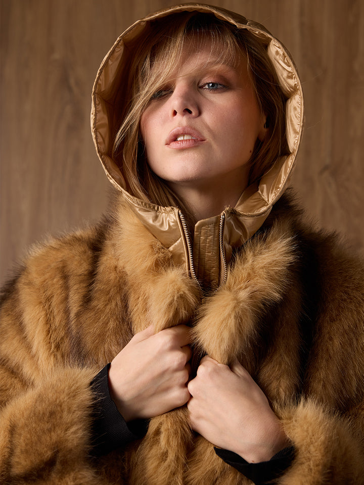 Hooded Faux Fur Jacket in Camel
