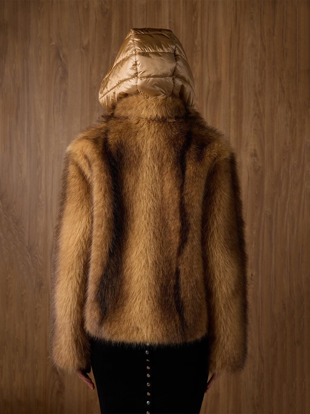 Hooded Faux Fur Jacket in Camel