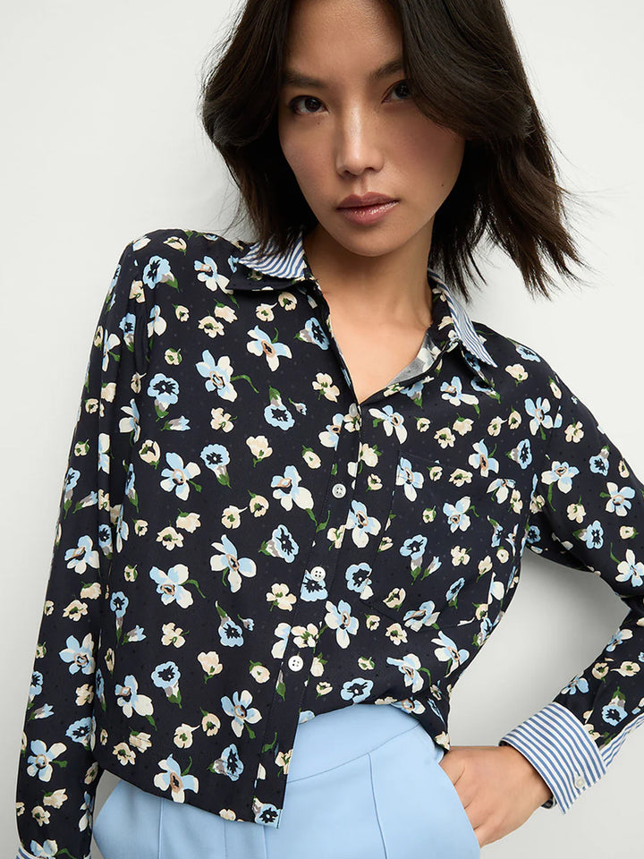 Maia Floral Silk Double Collar Shirt in Navy Multi