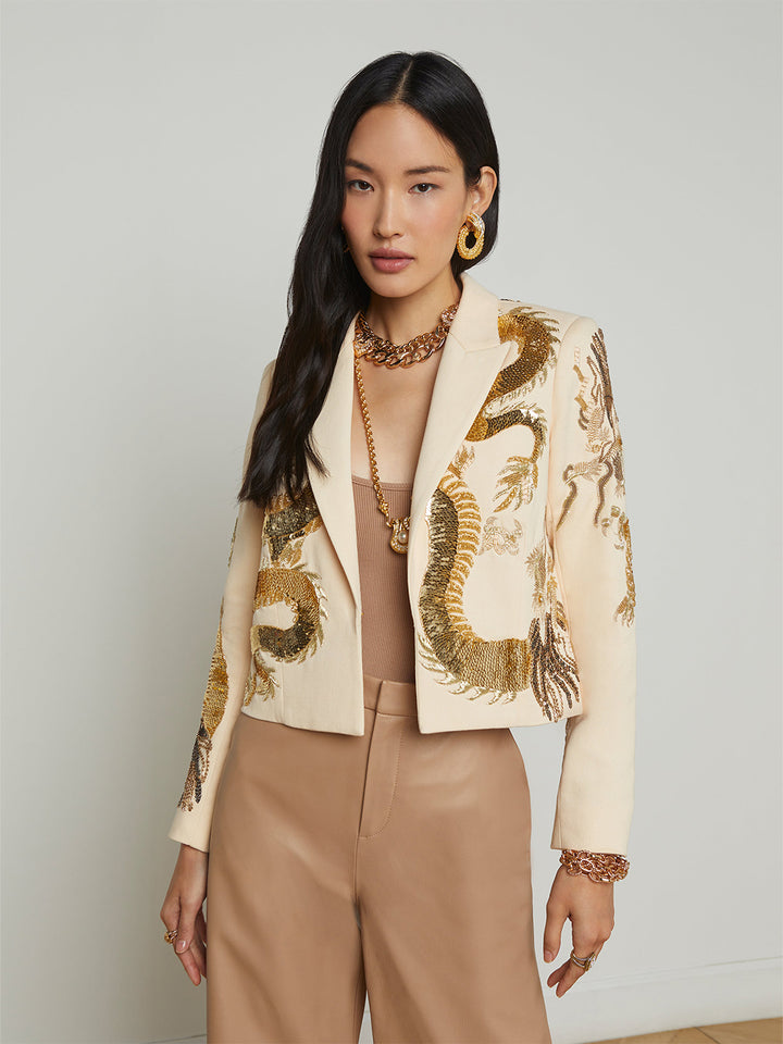 Noely Embellished Blazer in Ecru Dragon Embellishment