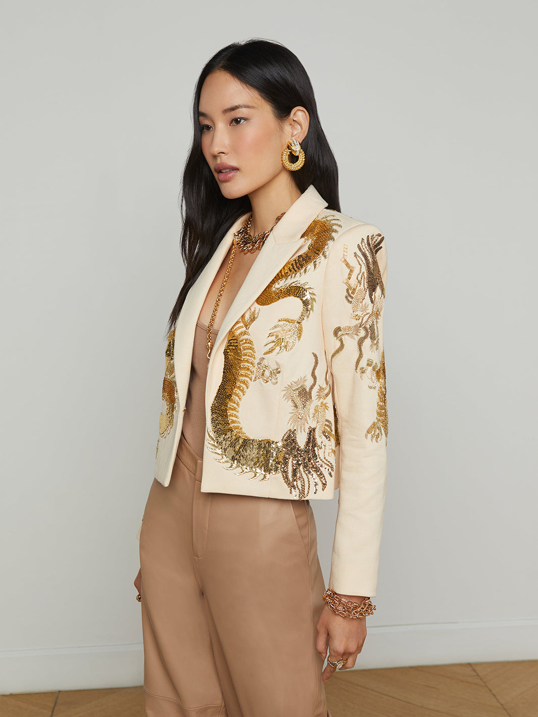 Noely Embellished Blazer in Ecru Dragon Embellishment