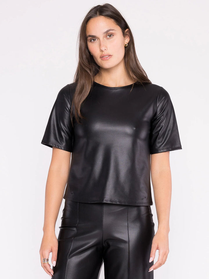 Vegan Leather Short Sleeve Top in Black