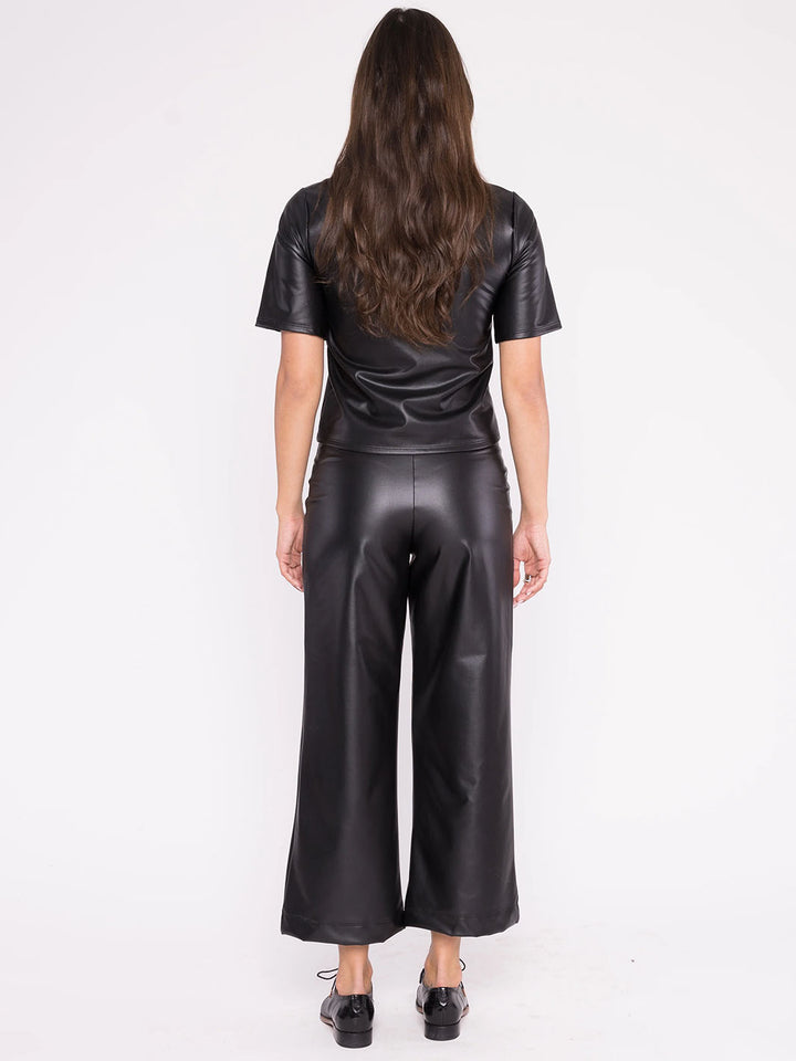 Vegan Leather Short Sleeve Top in Black