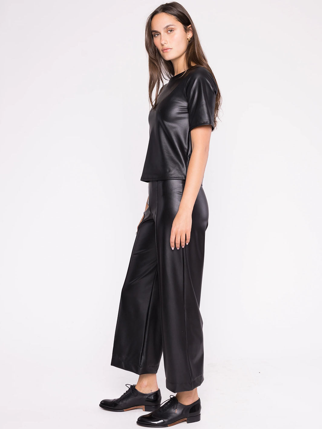 Vegan Leather Short Sleeve Top in Black