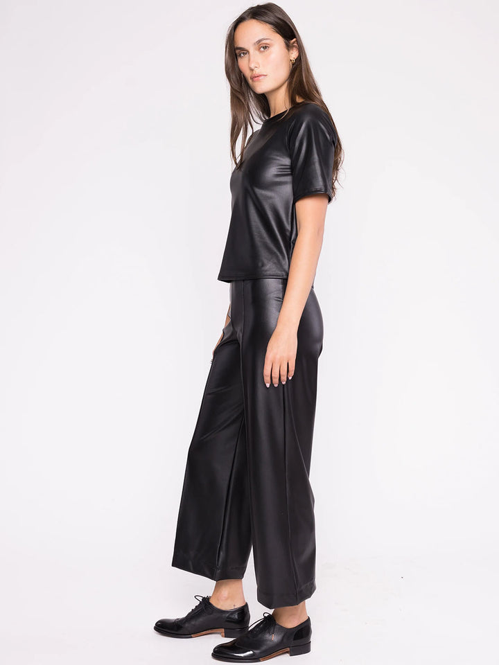 Vegan Leather Short Sleeve Top in Black