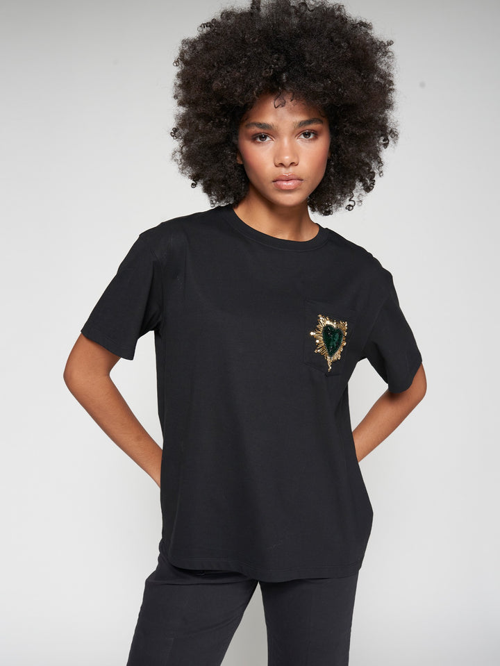 T-Shirt w/ Beaded Heart Embroidery in Black