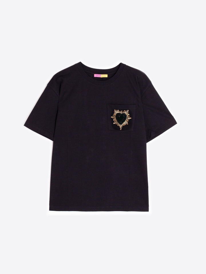 T-Shirt w/ Beaded Heart Embroidery in Black