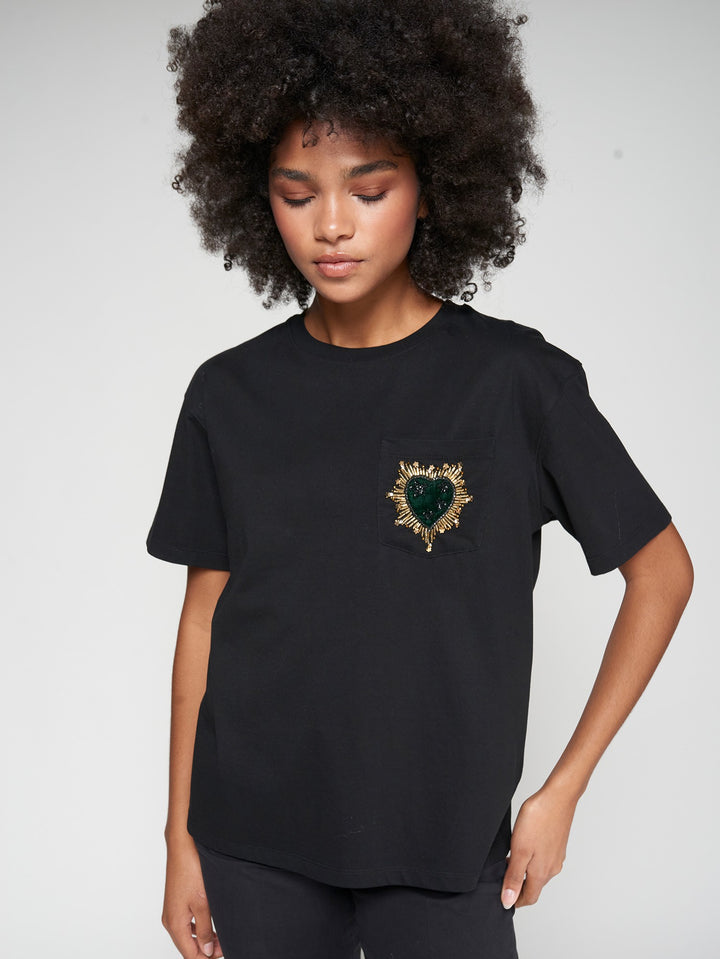 T-Shirt w/ Beaded Heart Embroidery in Black